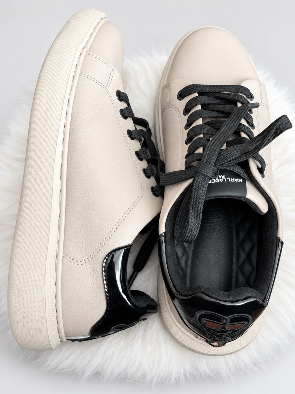 Karl Lagerfeld Cream and Black Low-Top Leather Sneakers